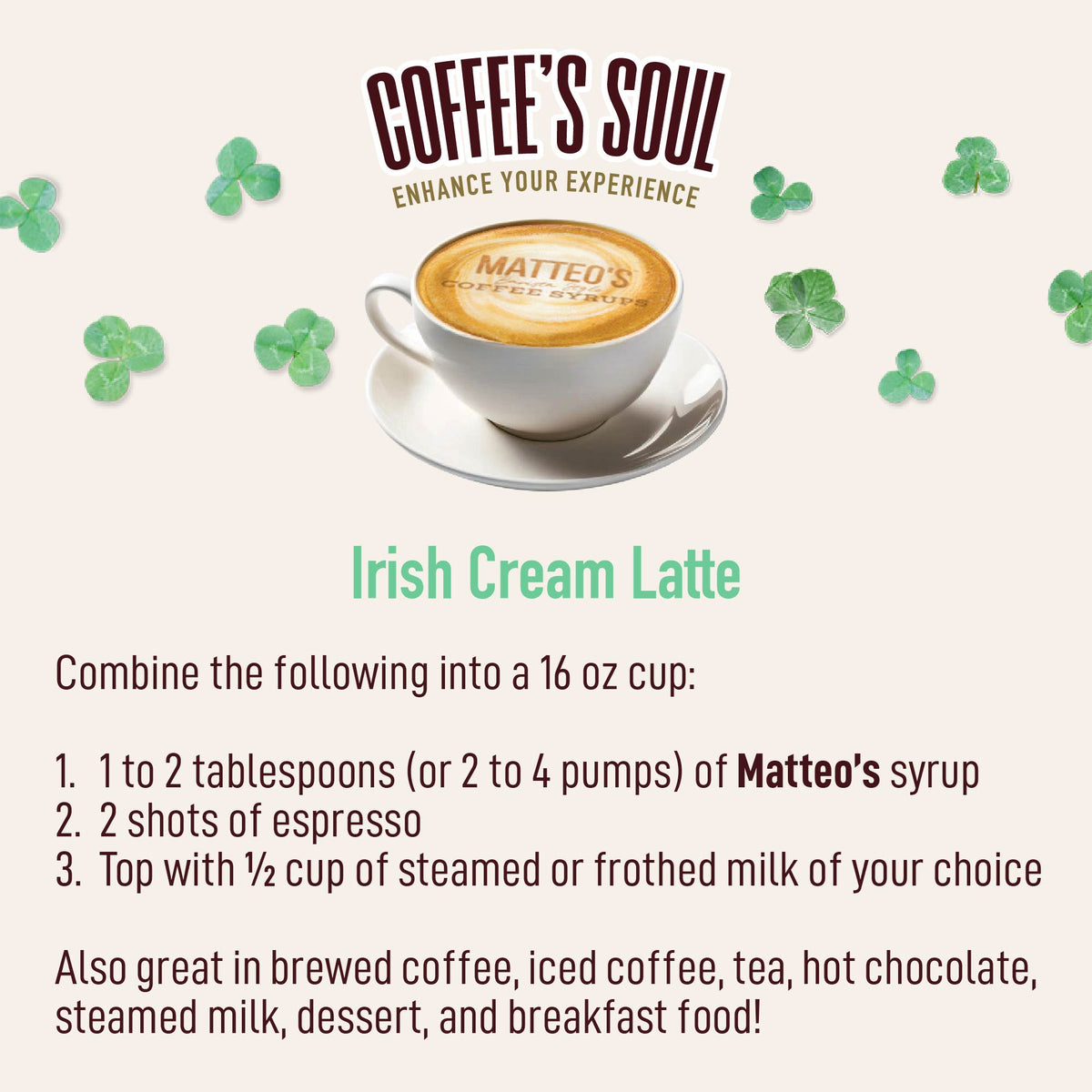 Sugar Free Coffee Syrup, Irish Cream (1L)