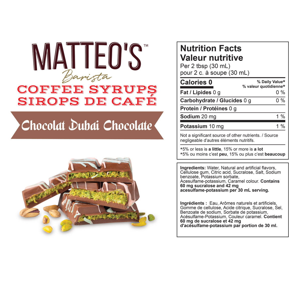 Sirop de café sans sucre, chocolat de Dubaï