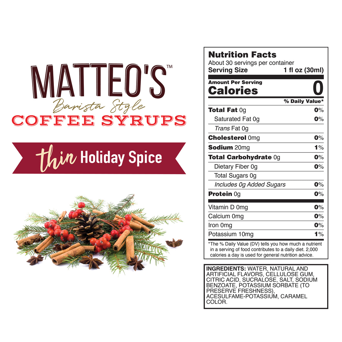 Sugar Free Coffee Syrup, Holiday Spice (1L)