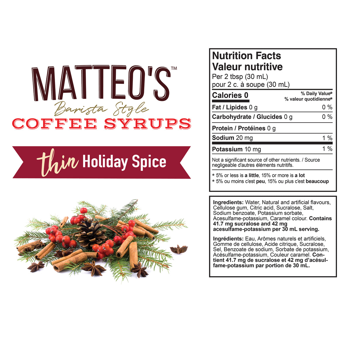 Sirop de café sans sucre, Épices des Fêtes — Nutrition Facts and Ingredients