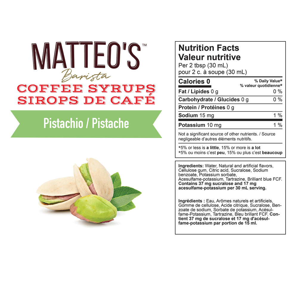 Matteo's Sugar-Free Pistachio Coffee Syrup nutrition facts and ingredients panel