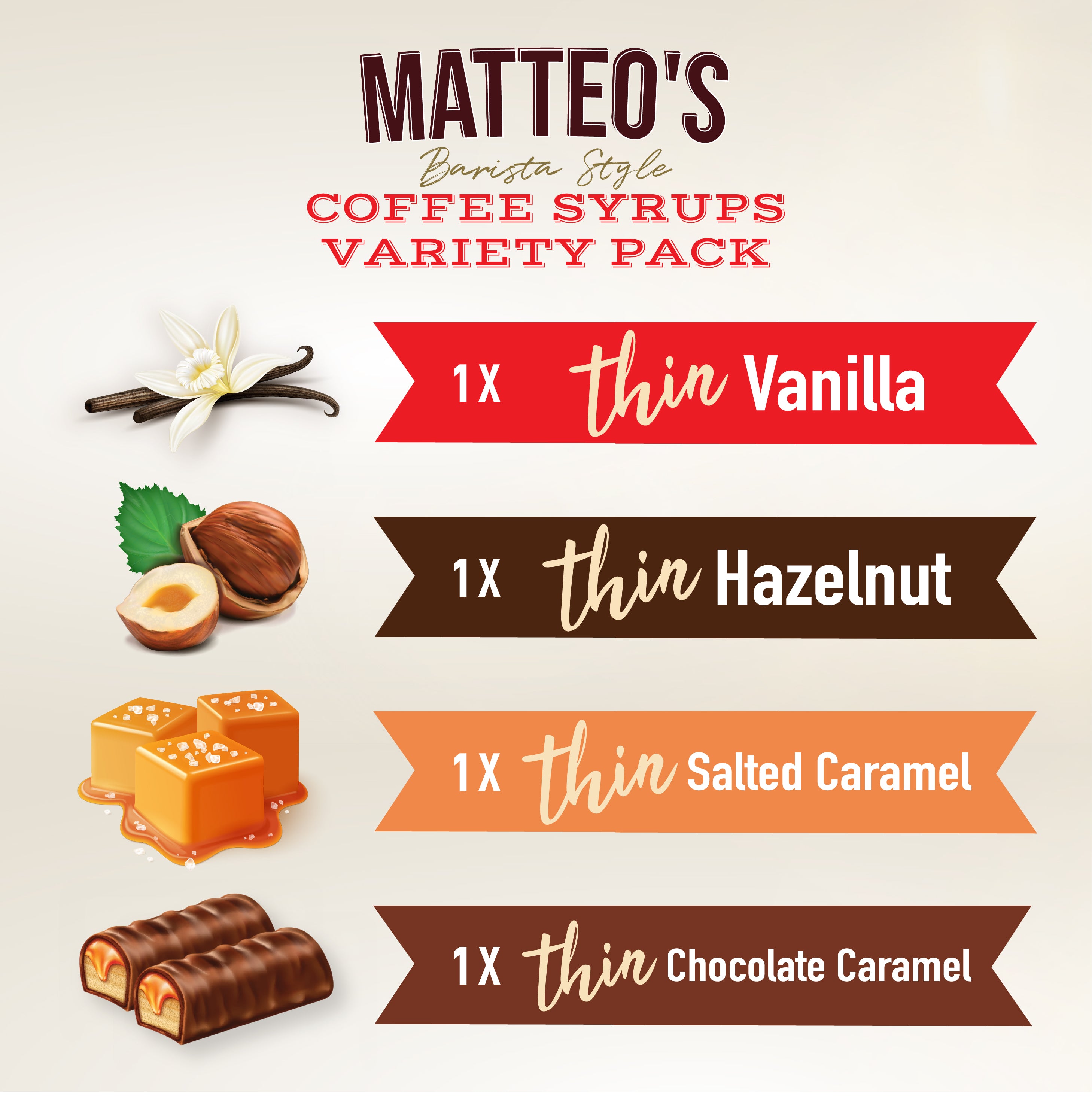 Sirop de café sans sucre, paquet varié, (4 saveurs) - Matteo's
